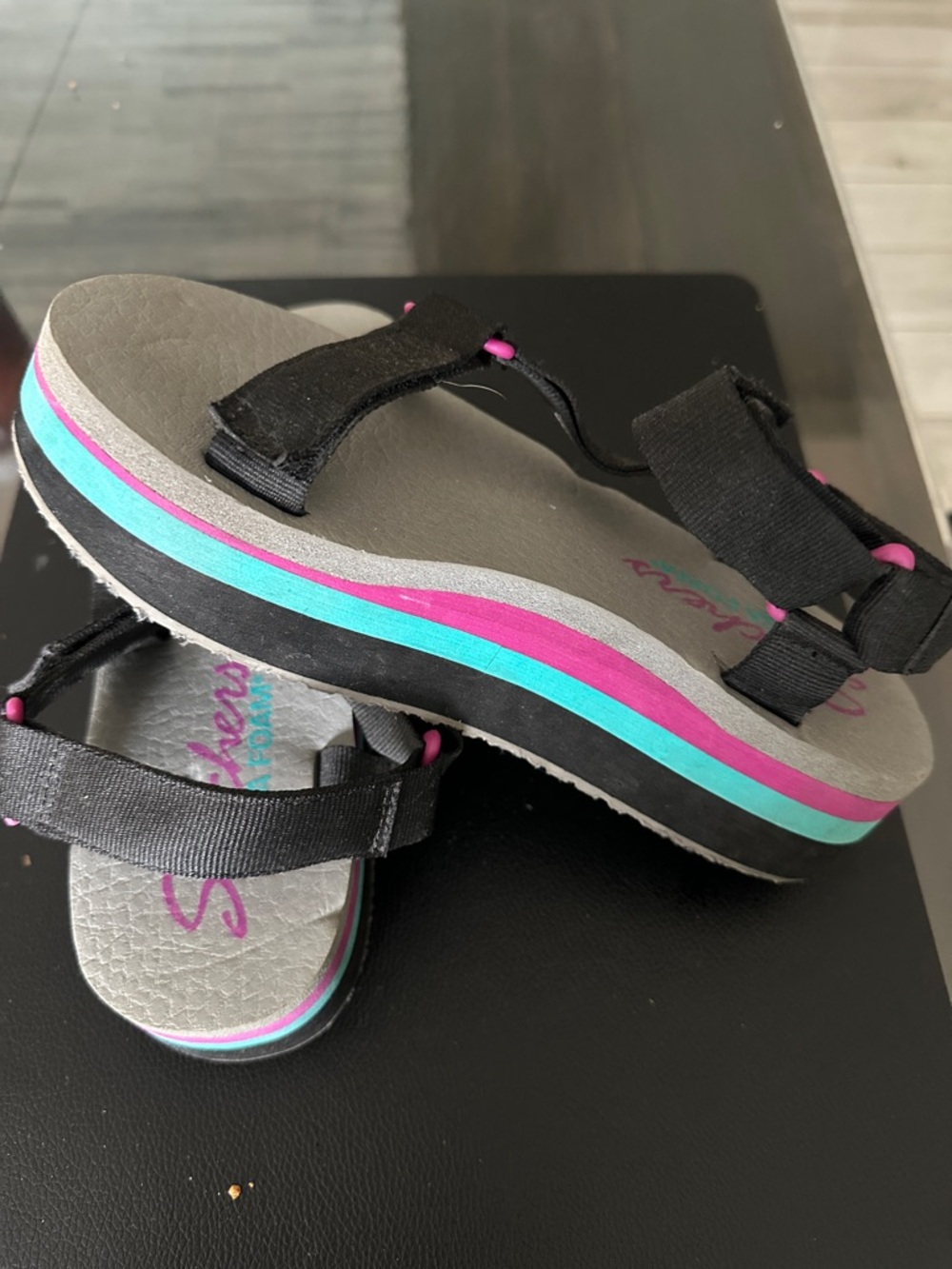 Skechers Whip It-DOUBLE FESTIVE Black Yoga Foam Platform Sport Sandals Size 6